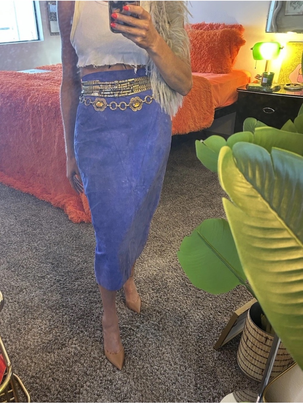 Vintage WINLIT Periwinkle Purple Suede Leather Midi Skirt Korea High Waist 7/8 - Picture 9 of 15